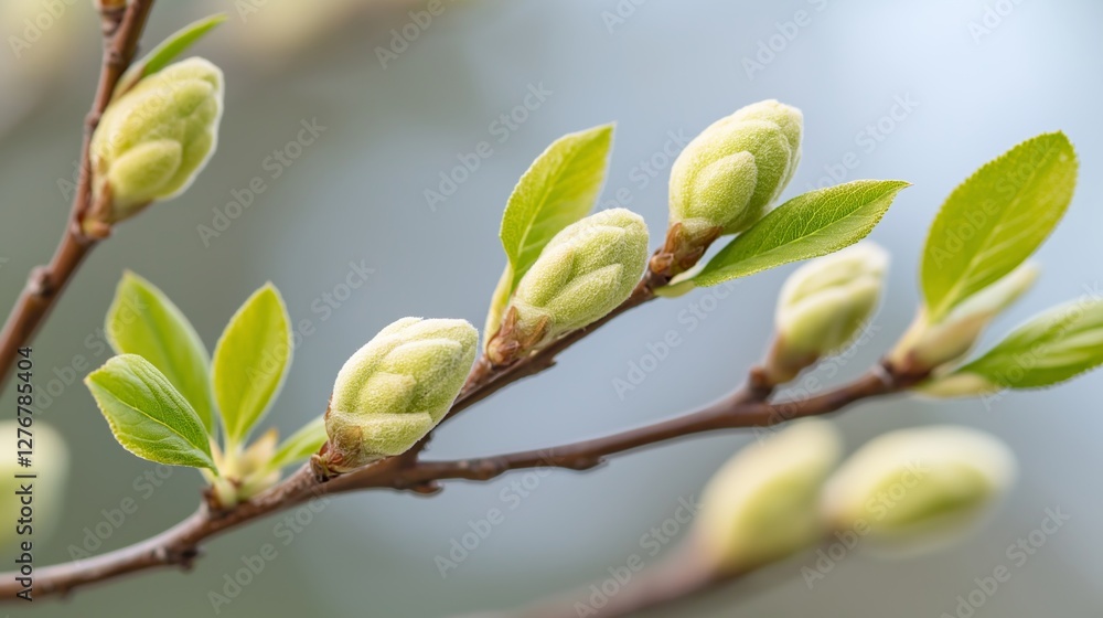Fresh magnolia buds and leaves on a branch in spring bloom during a sunny day Fresh magnolia buds and leaves on a branch in spring bloom during a sunny day