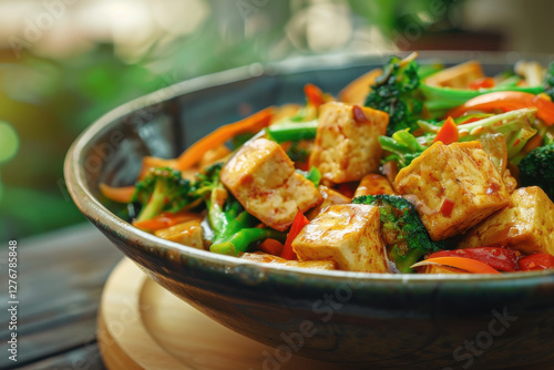 Stir-fried tofu and vegetables in a flavorful sauce, perfect for a healthy and delicious vegetarian meal.