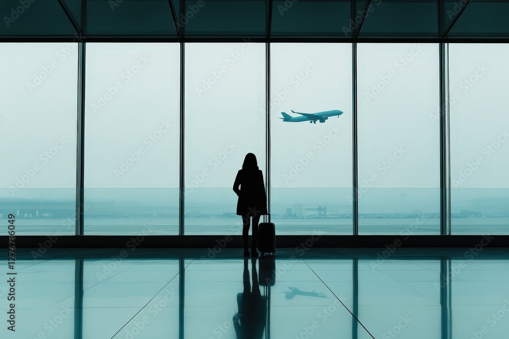 Fototapeta premium A woman with a suitcase watches an airplane take off at the airport