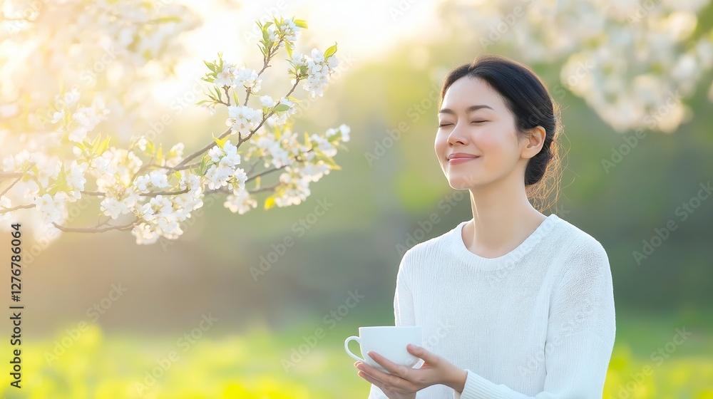Woman enjoying a peaceful moment with a warm drink in a blossoming spring garden during sunset Woman enjoying a peaceful moment with a warm drink in a blossoming spring garden during sunset