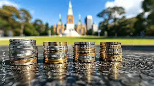 Multiple stacks of coins of different heights in front of a parliament building, symbolizing interest rate adjustments and their effects on borrowing and investments.