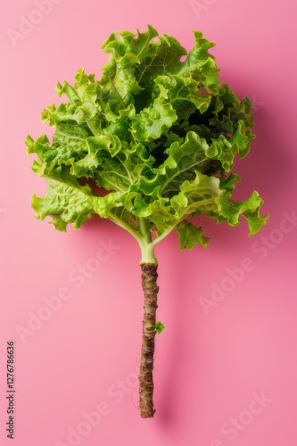 Fresh green leafy lettuce against a pink background, showcasing vibrant colors and healthy, crisp texture.