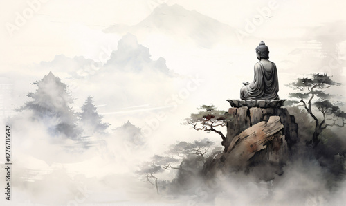 Buddha sits on a mountain top with clouds in the background. Japan traditional sumi-e painting. Abstract painting of blurred ink.