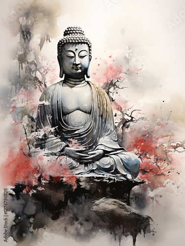 Wallpaper Mural Buddha statue in the zen garden. Japan traditional sumi-e painting. Abstract painting of blurred ink and brush splashes. Torontodigital.ca