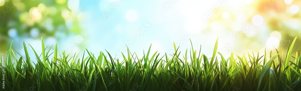 Fototapeta premium A closeup of a green field with sunlight shining through trees