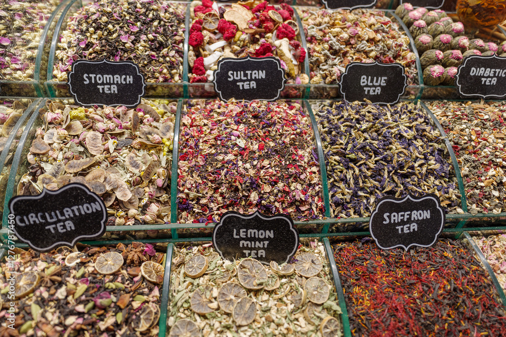 Tea for sale in a spice Spice Bazaar, Istanbul, Turkey