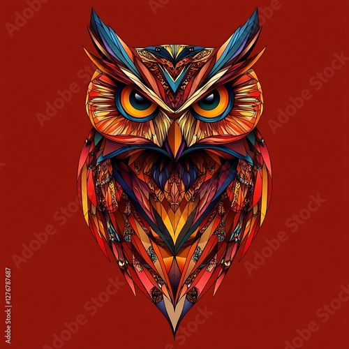 Colorful stylized owl portrait against red background. Possible use graphic design, social media, apparel photo