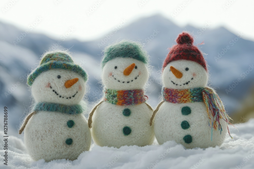 Three cheerful snowmen stand in fresh white snow, adorned with hats Three cheerful snowmen stand in fresh white snow, adorned with hats