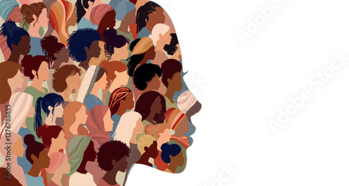 Woman face silhouette in profile with group of multicultural women faces inside.Racial equality anti-racism concept. Woman who gives voice to other group women.Inclusive. Isolated