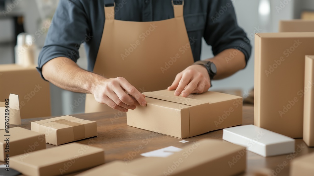 Wrapping packages in a workspace with natural light during the afternoon to prepare for shipping Wrapping packages in a workspace with natural light during the afternoon to prepare for shipping