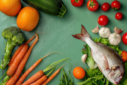 Fresh fish with lemon, tomatoes, cucumbers, and basil on a green background, perfect for healthy cooking inspiration.