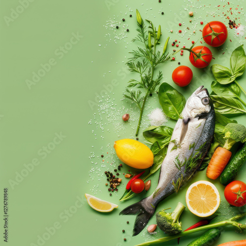 Fresh fish with lemon, tomatoes, cucumbers, and basil on a green background, perfect for healthy cooking inspiration.