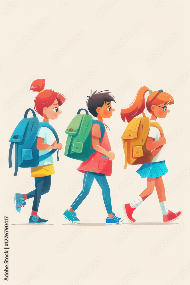 Children with backpacks walk together outdoors on a sunny day, heading towards school or an outdoor activity. Children with backpacks walk together outdoors on a sunny day, heading towards school or an outdoor activity.