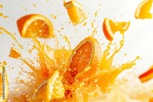 Exploding orange burst, vibrant orange and yellow color palette, juice splashes and orange fragments flying outward photo