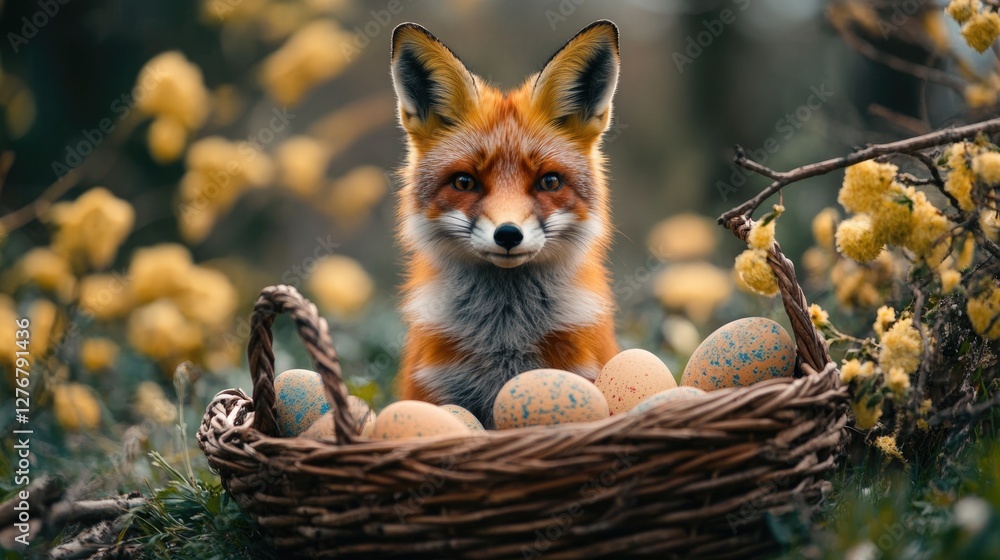 Fototapeta premium A curious fox is sitting beside a basket of eggs amidst vibrant yellow flowers.