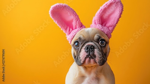 Wallpaper Mural A cute dog wearing pink bunny ears against a vibrant yellow background. Torontodigital.ca