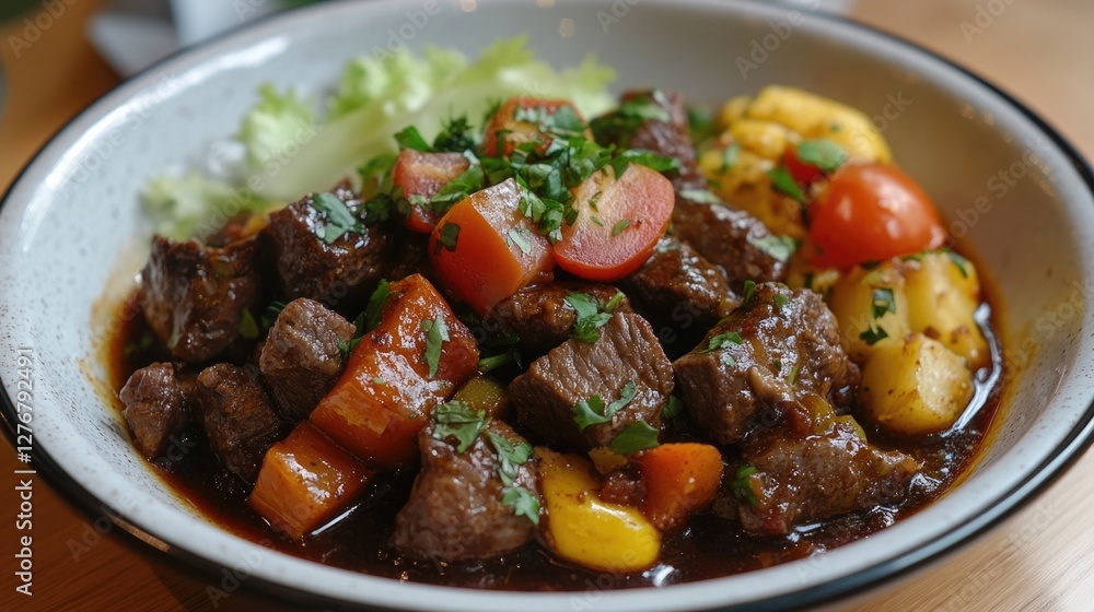 A delicious bowl of beef stew with vegetables garnished with fresh herbs. A delicious bowl of beef stew with vegetables garnished with fresh herbs.