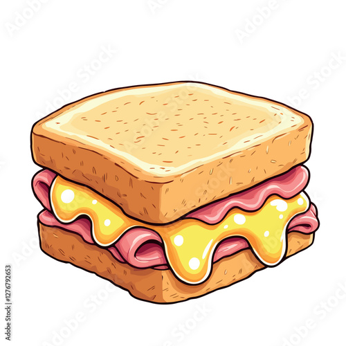 Vsai delicious toast sandwich with melted cheese and ham filling cartoon illustration
