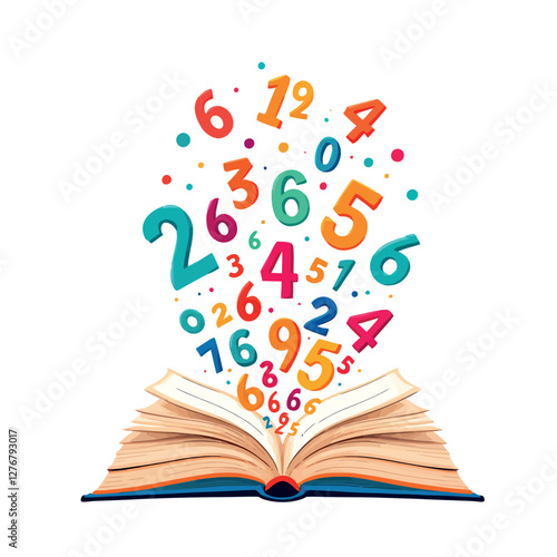 Vsai open book with colorful numbers floating above, concept of education and learning