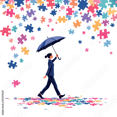 Vsai businesswoman holding umbrella protecting herself from falling puzzle pieces