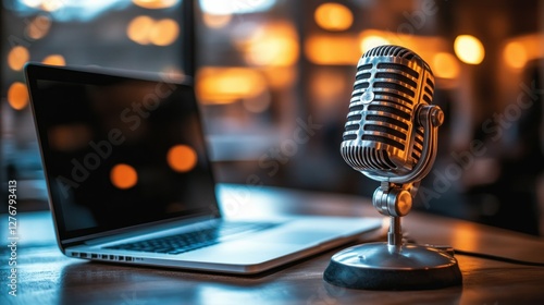 Retro microphone and laptop in a cafe