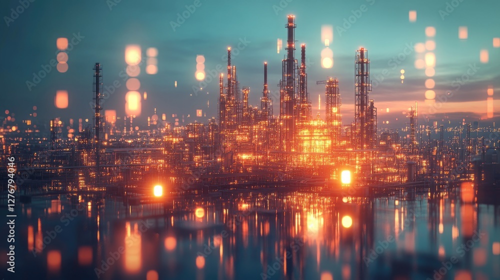 A vibrant industrial landscape illuminated by lights and reflections on water. A vibrant industrial landscape illuminated by lights and reflections on water.