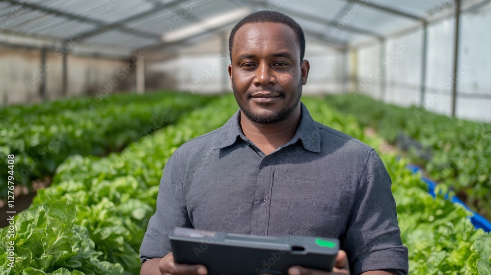 Fototapeta premium Man uses digital tablet to monitor plant growth in a greenhouse located in a rural area during daylight hours