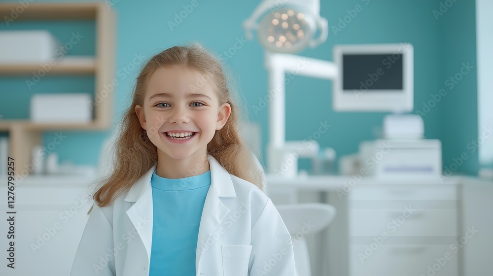 Young girl wearing a lab coat smiles in a bright, modern medical office