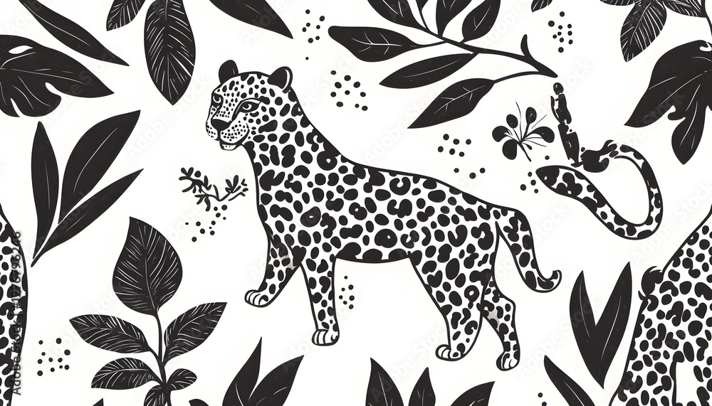 Fototapeta premium Leopard and snake wildlife illustration in black and white tones