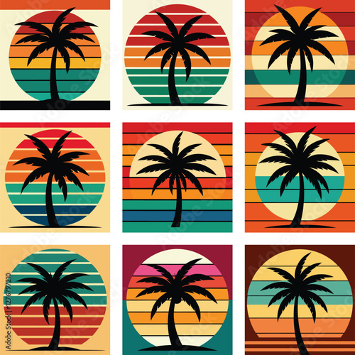 Retro Vintage Palm Tree Sunset, set of beach bundle, palm tree silhouette on retro stripes with a sun background