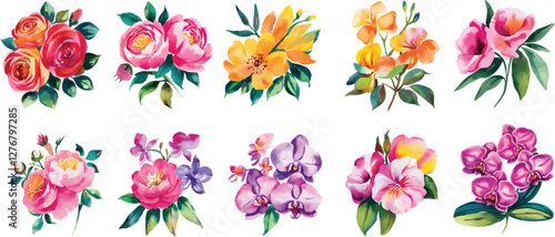 Watercolor Floral Bouquet Collection. Watercolor set of garden flowers hand drawn illustration.