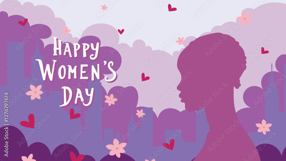 Happy Women's Day Vector Illustration with Female Silhouette and Decorative Elements Happy Women's Day Vector Illustration with Female Silhouette and Decorative Elements