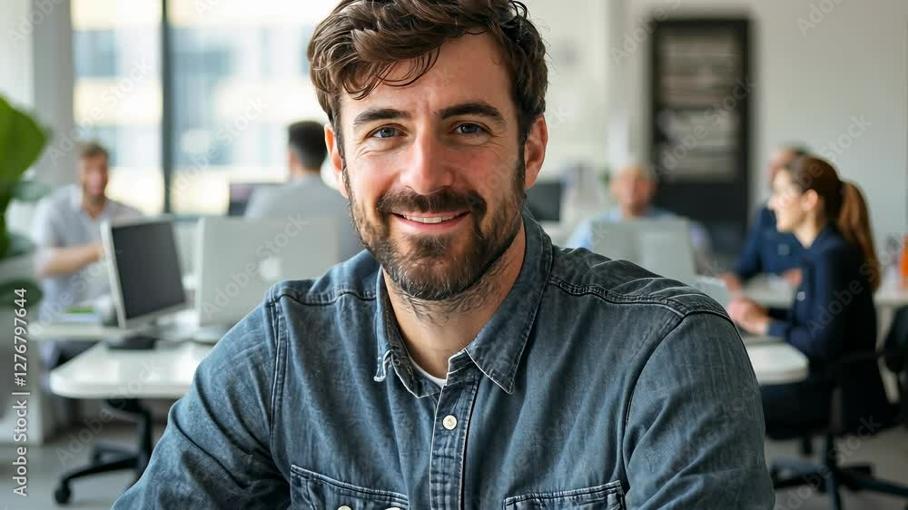 Young man smiles while working in a modern office space with colleagues Young man smiles while working in a modern office space with colleagues