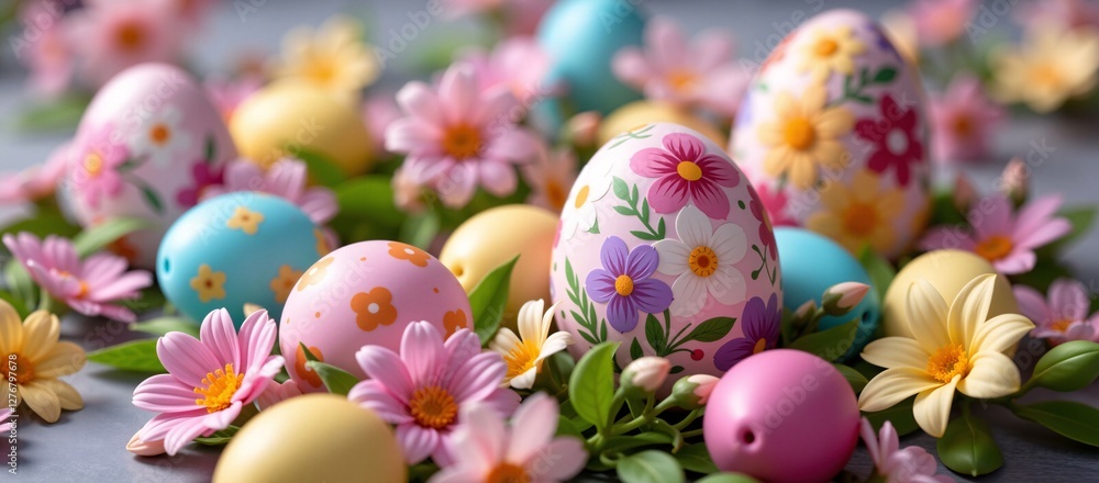 Easter Eggs and Flowers on Gray Background Easter Eggs and Flowers on Gray Background