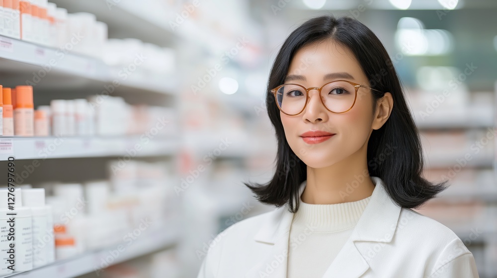 Confident woman wearing glasses stands in pharmacy with shelves of products in the background during daylight hours Confident woman wearing glasses stands in pharmacy with shelves of products in the background during daylight hours