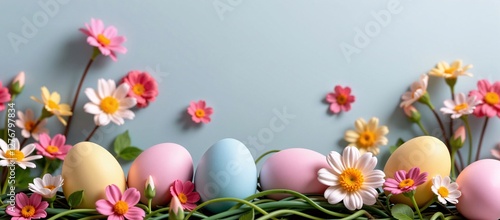 Easter Eggs and Flowers on Blue Background