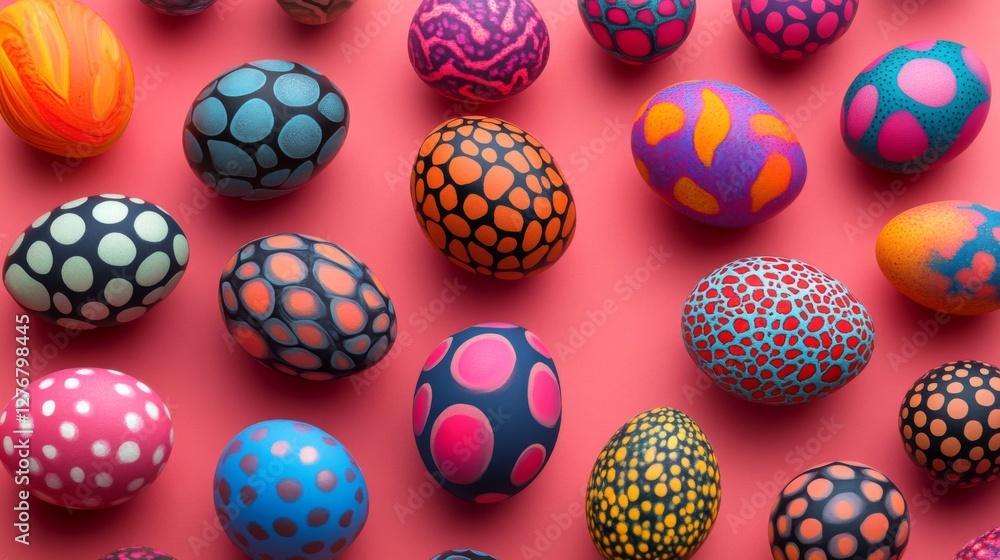 Colorful patterned Easter eggs on pink background Colorful patterned Easter eggs on pink background