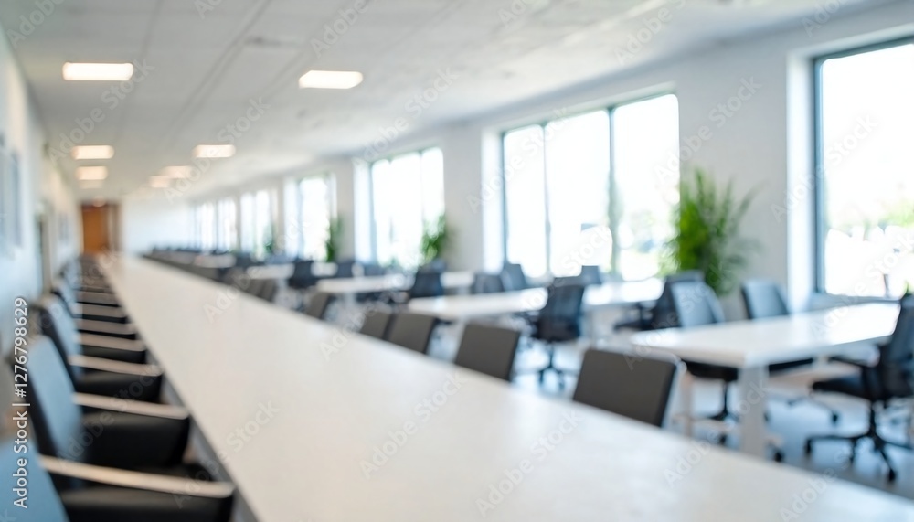 The blurred image depicts an empty office space with rows of desks and chairs. The blurred image depicts an empty office space with rows of desks and chairs.