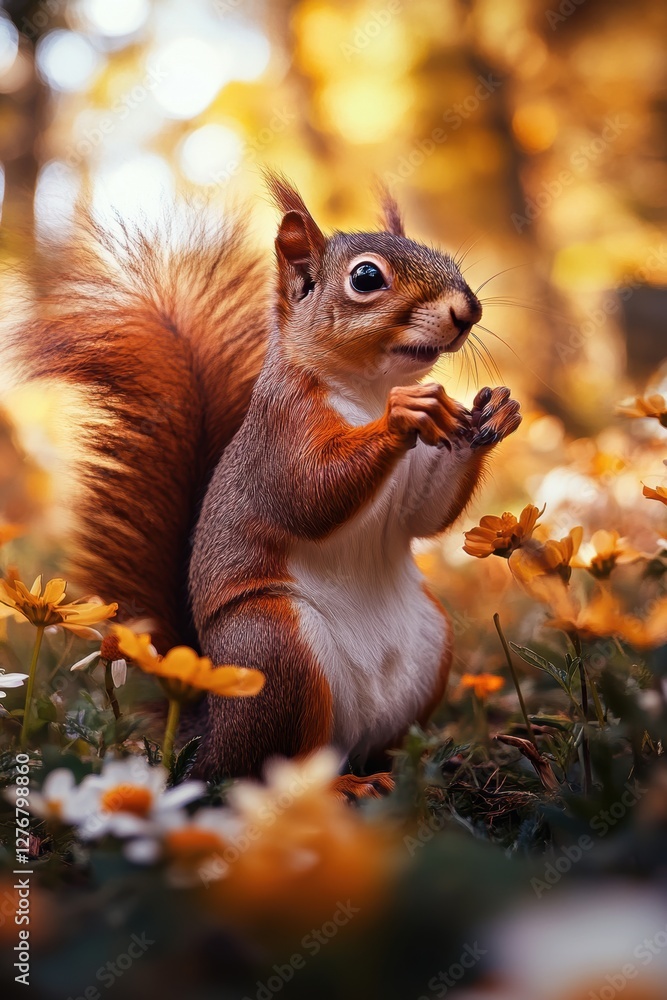 Obraz premium Cute squirrel in Spring field in forest.