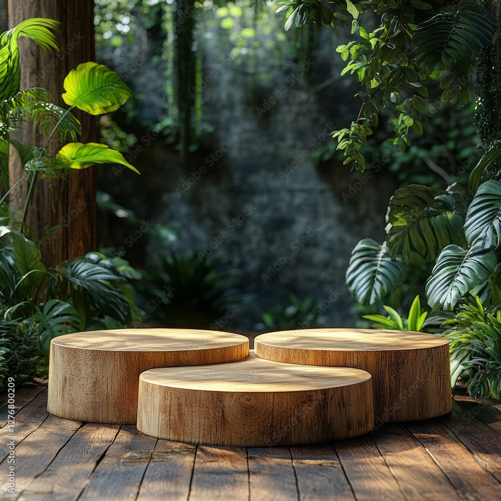 Captivating Wooden Product Showcase: Three Rustic Podiums in a Lush Tropical Forest with Green Foliage and Natural Light, Perfect for Beauty and Wellness. Captivating Wooden Product Showcase: Three Rustic Podiums in a Lush Tropical Forest with Green Foliage and Natural Light, Perfect for Beauty and Wellness.