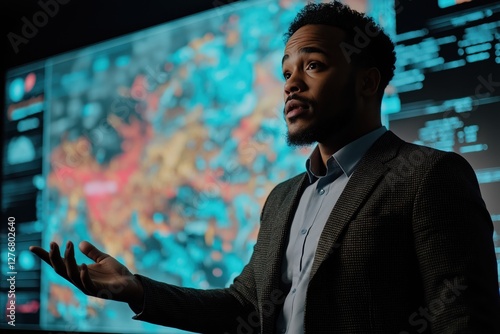 Confident weather presenter explaining forecast with animated maps on a digital screen