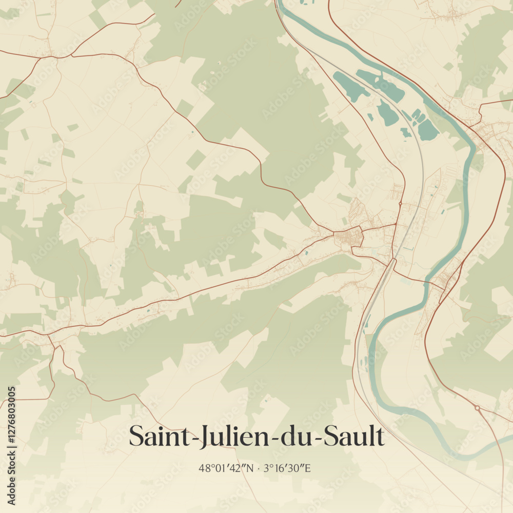 Fototapeta premium Vintage map of Saint-Julien-du-Sault, France.