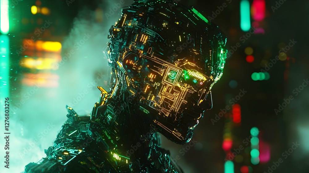 Futuristic cybernetic entity in neon-lit urban nightscape Futuristic cybernetic entity in neon-lit urban nightscape