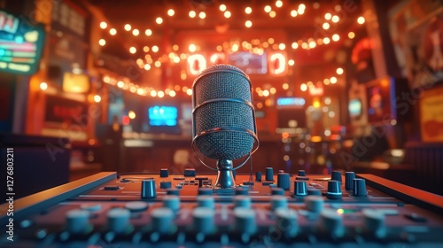 Retro microphone on audio board in a dimly lit bar photo