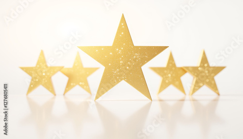 Shiny golden stars sparkling against minimalistic white background, elegance