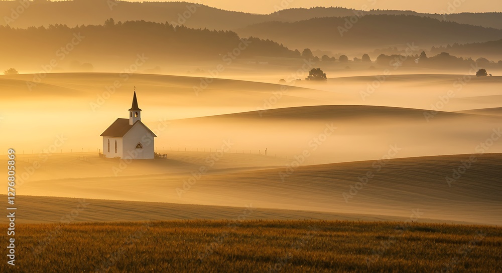 Fototapeta premium White Church in Misty Golden Hour Countryside Landscape 