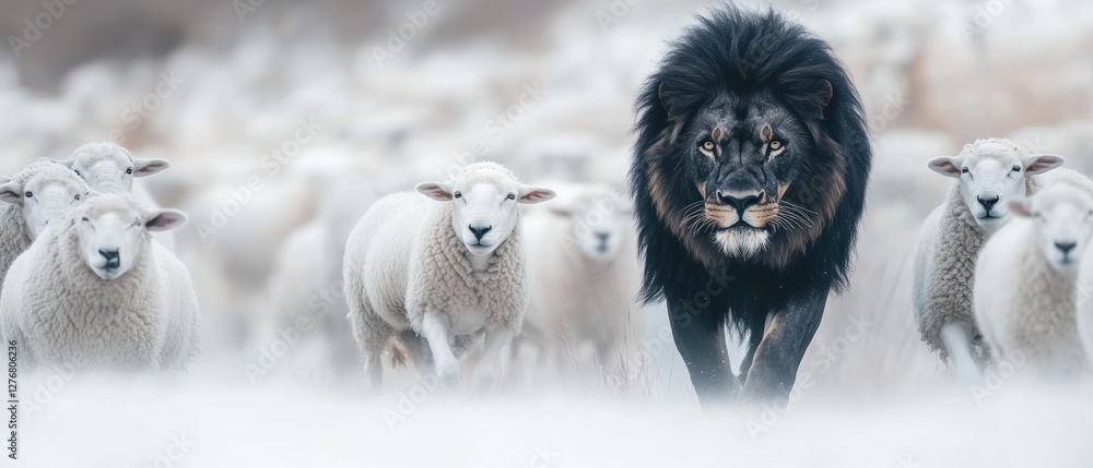 custom made wallpaper toronto digitalLion walking among sheep in a serene landscape, showcasing natures contrast between predator and prey, perfect for wildlife and animal behavior photography.