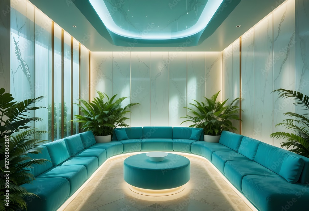 Fototapeta premium Modern Lounge, Teal Curved Sofa, Indoor Plants, Glass Walls