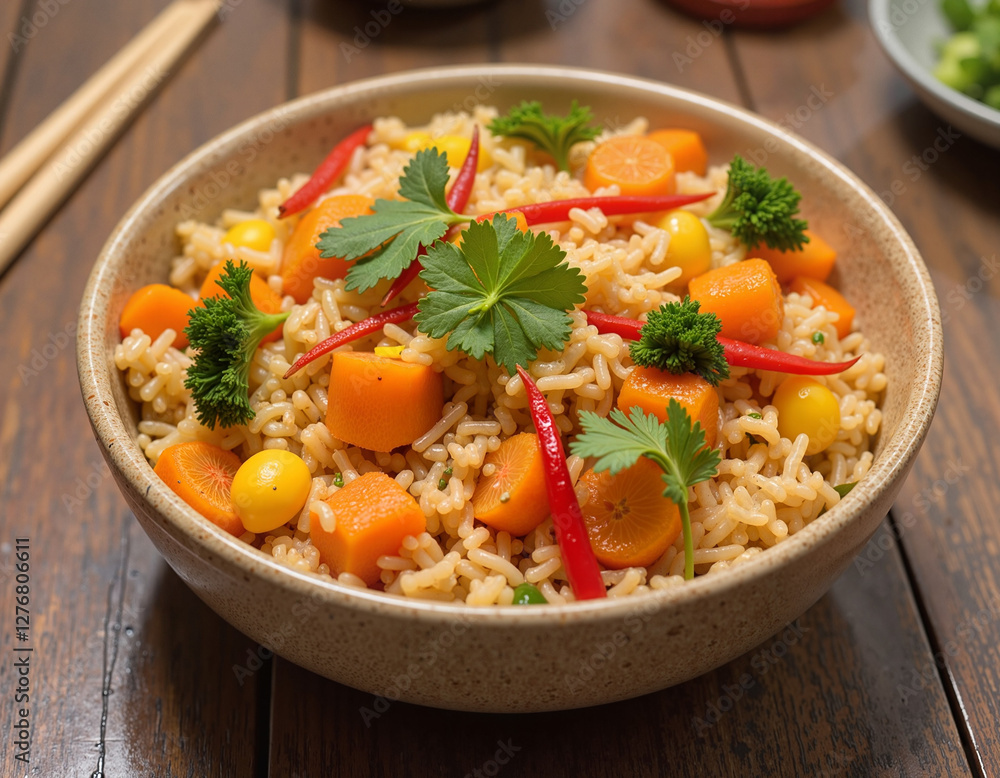Colorful Asian rice bowl with fresh vegetables and herbs in earthen ceramic Colorful Asian rice bowl with fresh vegetables and herbs in earthen ceramic
