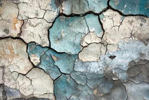 Cracked, dried surface with remnants of blue and off-white paint. The texture shows extensive cracking and flaking, indicating age and weathering photo